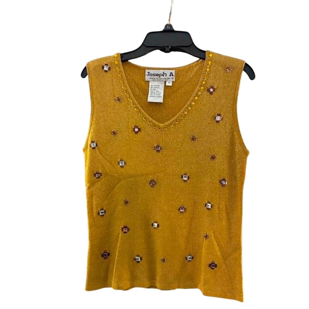 Joseph A Sweater Vest Womens M Gold Silk Blend Beaded Metallic V-Neck Y2K Glam